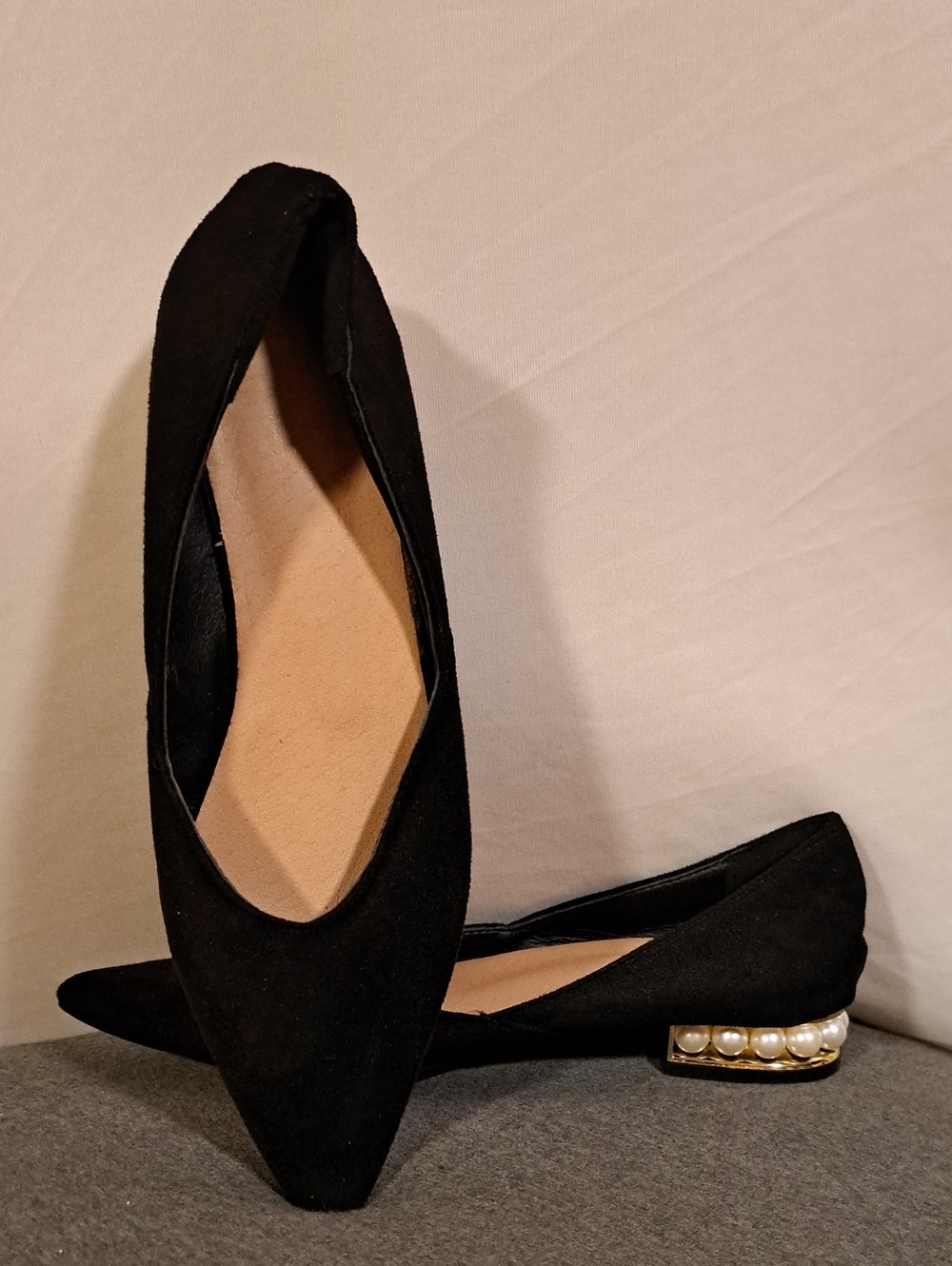 Black Pearl-Embellished Pointed Toe Flat